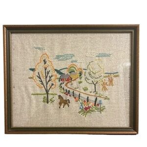 Finished Crewel Embroidery Horse In Landscape Vintage MCM Cottagecore Western